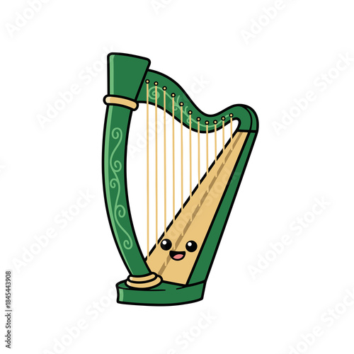 Cute Green Harp Character with Happy Face Kawaii Musical Instrument Mascot for St Patricks Day