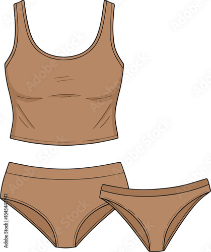 Women’s seamless underwear set vector illustration featuring tank-style bra top and matching bikini briefs with clean lines, smooth fabric, and minimal design.