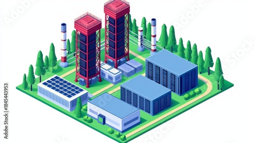 A colorful, isometric illustration of a modern industrial complex featuring cooling towers, power lines, solar panels, and various buildings set in a green landscape.