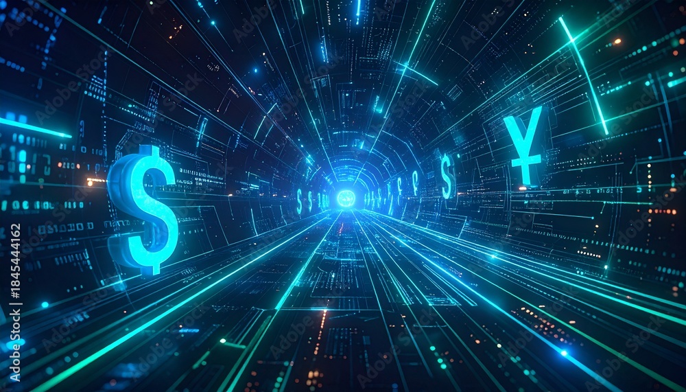 Obraz premium Futuristic 3D Render of Glowing Digital Currency Flowing Through Secure Network and Circuit Tunnels
