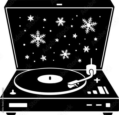 vinyl record player playing Christmas music with snowflakes