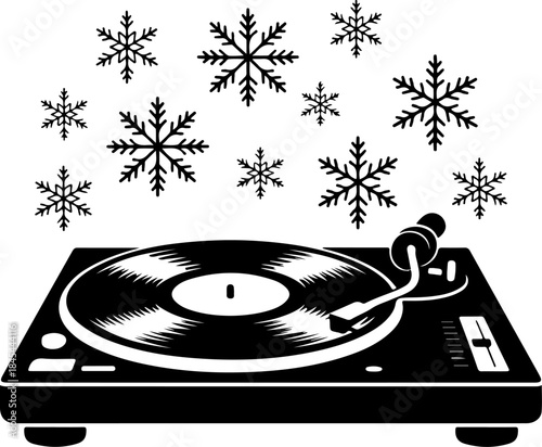 vinyl record player playing Christmas music with snowflakes