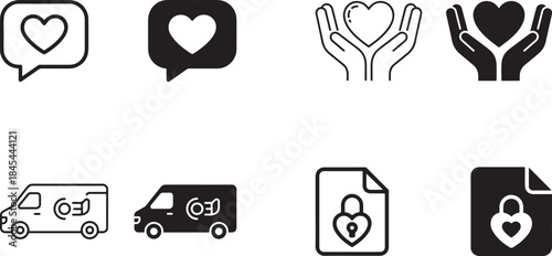 Modern black and white vector icon set illustrating themes of social media love hands holding a heart secure delivery and protected documents for digital design