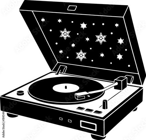 vinyl record player playing Christmas music with snowflakes