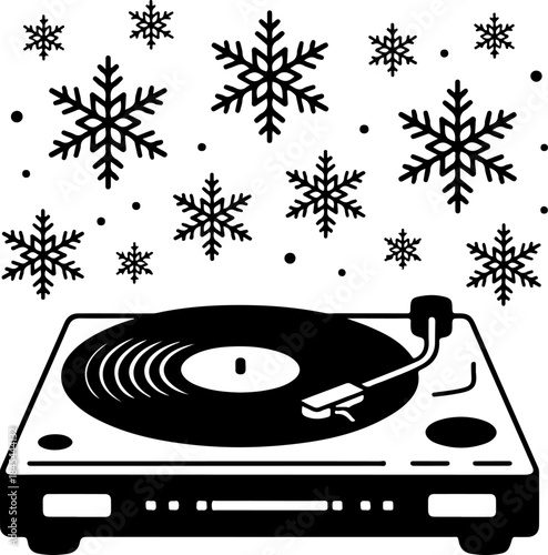 vinyl record player playing Christmas music with snowflakes