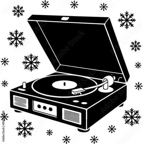 vinyl record player playing Christmas music with snowflakes