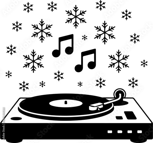 vinyl record player playing Christmas music with snowflakes