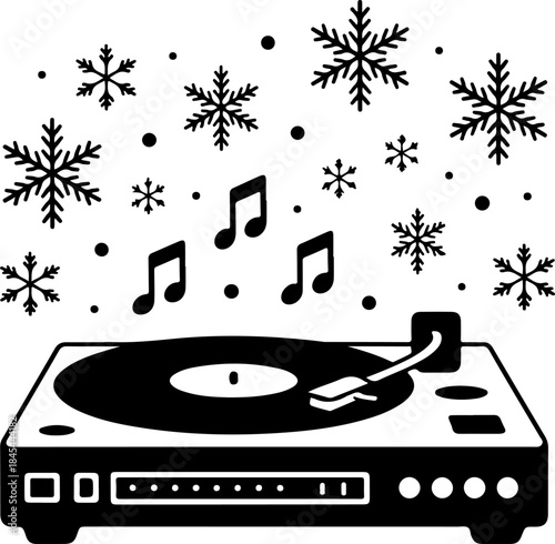 vinyl record player playing Christmas music with snowflakes