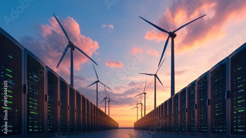 A futuristic landscape featuring wind turbines and data servers under a colorful sunset, symbolizing renewable energy and technology.