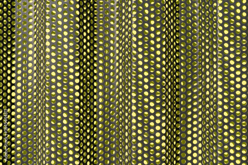 Corrugated metal sheet, sunlit, casting shadows on green layer beneath. Background.