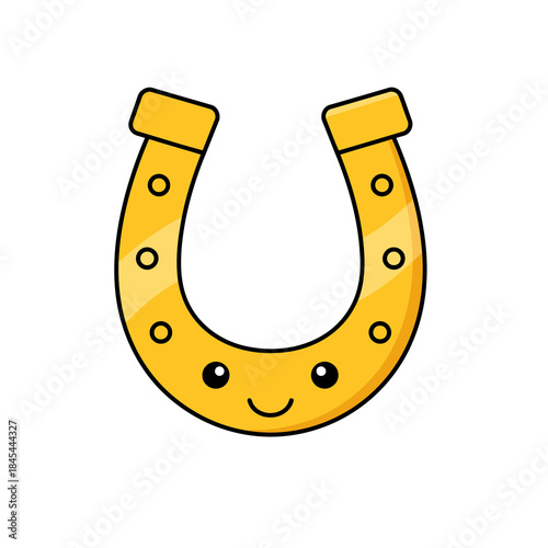Cute Golden Lucky Horseshoe Character with Happy Face Kawaii Style Mascot for Good Fortune Success