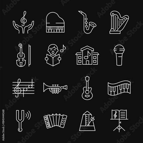 Music school line white icon set. Collection of musical instruments including piano, saxophone, harp, violin, trumpet, guitar, accordion. Editable stroke.