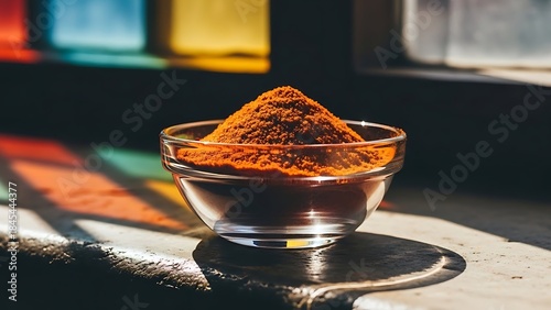Fototapeta Naklejka Na Ścianę i Meble -  A glass bowl filled with a pyramid of vibrant orange spice on a metal stand