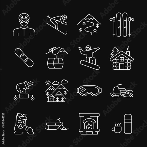 Ski resort line white icon vector set. Outdoor recreation, extreme sport, and mountain vacation concept with skier, snowboarder, ski lift, skis, snowmobile, snow cannon, snowboard. Editable stroke.