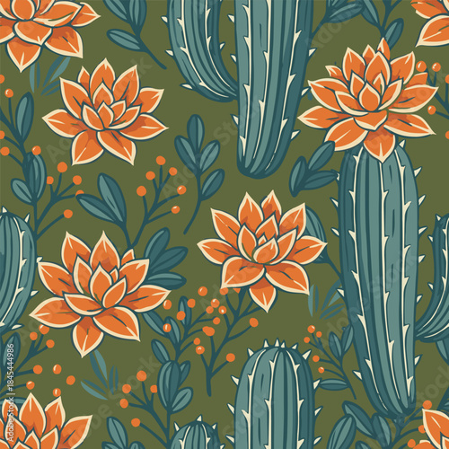 Cactus and echeveria flower seamless vector textile design perfect for paper packaging, stationery, apparel, or print decoration.