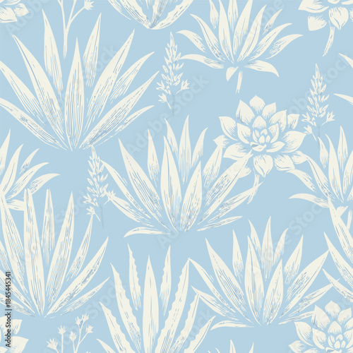 Monochromatic agave and echeveria seamless vector design perfect for fabric prints, wedding invitations, stationery, or home decor.