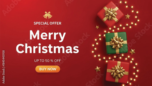 Festive merry christmas sale banner with gift boxes and lights on red background