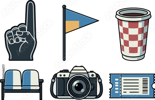 Sports fan essentials: foam finger, flag, drink, seats, camera and ticket