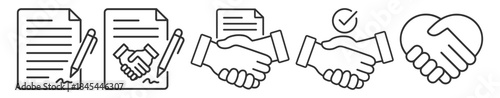 Business agreement and handshake icons set, contract documents and partnership symbols, outline vector illustration for corporate and legal concepts on transparent background