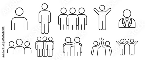 People and team line icons set, human group teamwork and social cooperation symbols, minimal outline vector illustration on transparent background