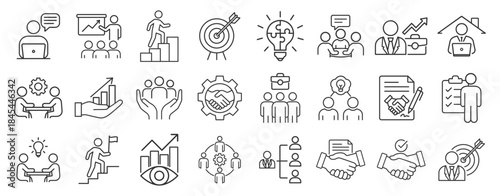 Business teamwork and management line icon set, project planning, human resources, work group, partnership, meeting, success, simple vector illustration on transparent background