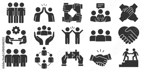 Business teamwork and management line icon set, project planning, human resources, work group, partnership, meeting, success, simple vector illustration on transparent background