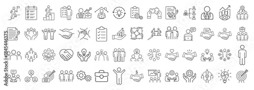 Business teamwork and collaboration icons set, people and management symbols, corporate partnership and leadership vector collection on transparent background