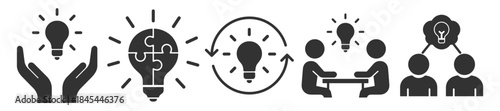 Business idea and teamwork icons set, innovation and creative thinking symbols, collaboration and brainstorming outline vector illustration on transparent background
