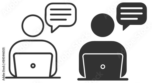 Online communication icon, person with laptop and message bubble, business support concept on transparent background
