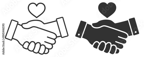 Handshake with heart symbol, trust care and partnership concept icon on transparent background
