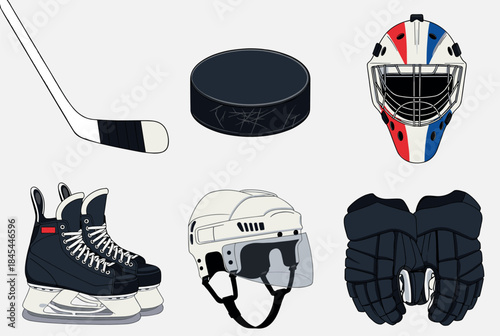 Collection of ice hockey equipment on a white background