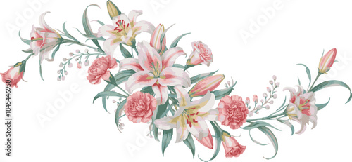 Panoramic watercolor illustration of a spring bouquet with carnations and lilies as a horizontal floral border for Mother’s Day or wedding invitations, vector