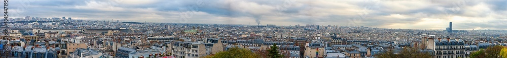 Fototapeta premium Panoramic view of Paris City from the top of the Butte Montmartre, looking down towards Square Louise Miche. France