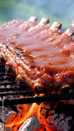Delicious Grilled Ribs Basting With Sauce Over Charcoal Fire