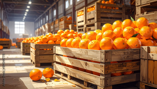 Simple Cartoon Illustration, Oranges in Warehouse Storage Facility.