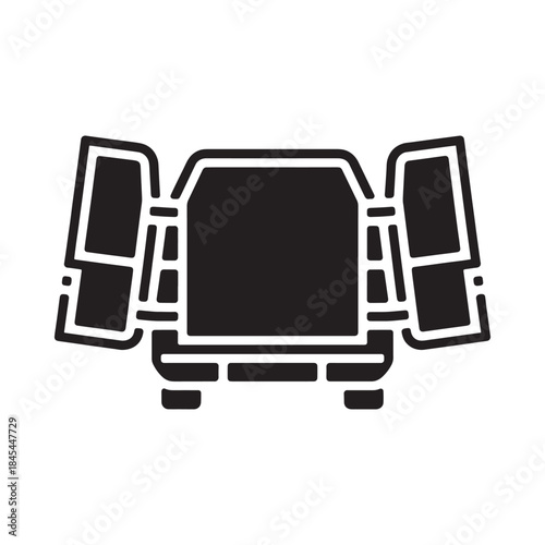 Simple black and white icon of a vehicle with open rear doors