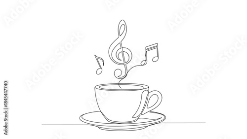 Continuous line drawing of a coffee cup with steam forming a treble clef and musical notes, symbolizing music and coffee.