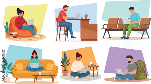 A set of diverse people working on their laptop in various  setups.