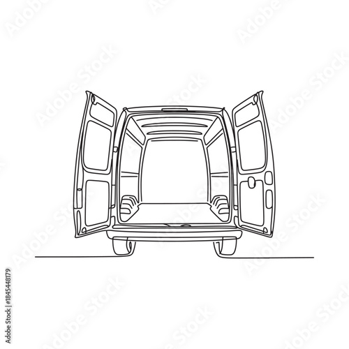 Open van rear doors outline drawing showcasing spacious interior cargo area