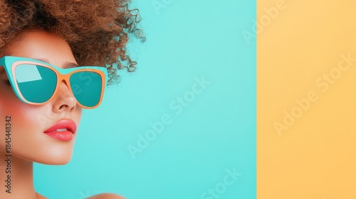 Woman with curly hair wears large colorful sunglasses, looking left with bright makeup against a turquoise and orange background.