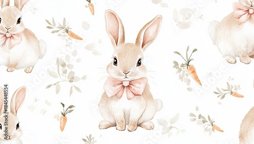 Watercolor Easter bunny seamless pattern, cute rabbit with pink bow and carrots background, soft pastel nursery wallpaper texture