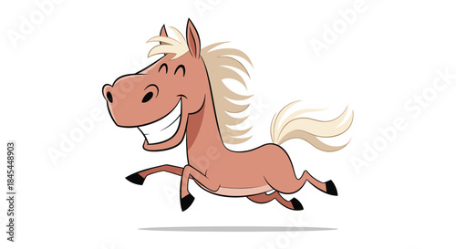 A cheerful cartoon horse with a big smile, galloping happily with its mane and tail flowing in the wind.