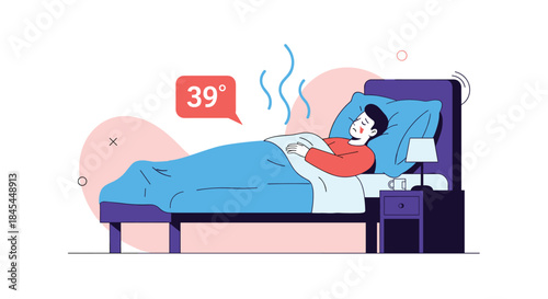 A sick man with a high fever of 39 degrees Celsius is lying in bed, feeling unwell under a blue blanket.