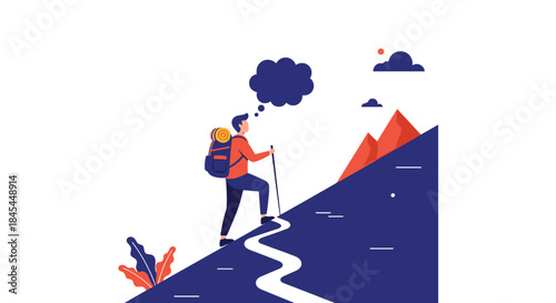 A hiker with a backpack and trekking poles is climbing a mountain, thinking or dreaming about reaching the summit.