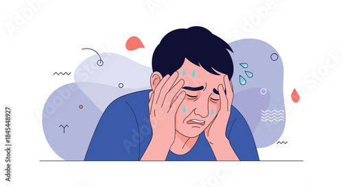 An illustration of a man suffering from a headache or stress, holding his head in his hands with sweat dripping down.