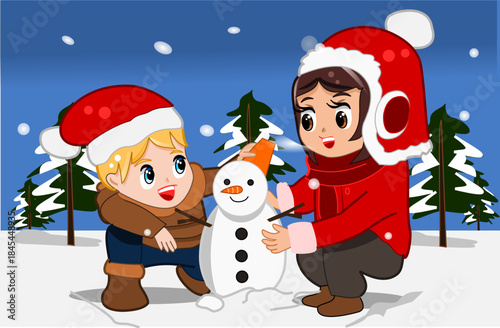 CIMAHI, INDONESIA-December 13, 2025- Anime of Two young kid, boy and girl, one with blonde hair and the other with brown hair wearing veil hats and earflaps.Vector graphic design cartoon illustration.
