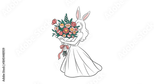 Minimalist line art of a woman with bunny ears holding a large bouquet that hides her face, creating a whimsical and mysterious mood.