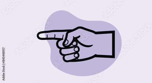 A simple icon of a hand pointing left with a thick black outline, set against an abstract purple blob for a modern design touch.