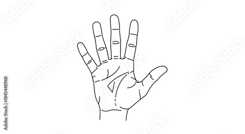 A simple black and white line art illustration of an open hand, showing the palm and its lines against a clean white background.