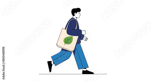 A minimalist illustration of a person running or walking quickly while carrying a reusable tote bag with a green leaf symbol.